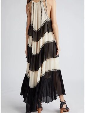 Ulla Johnson Black and Cream Asymmetrical Tiered Maxi Dress